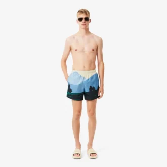 Herre-badeshorts med kort landskapsmønster