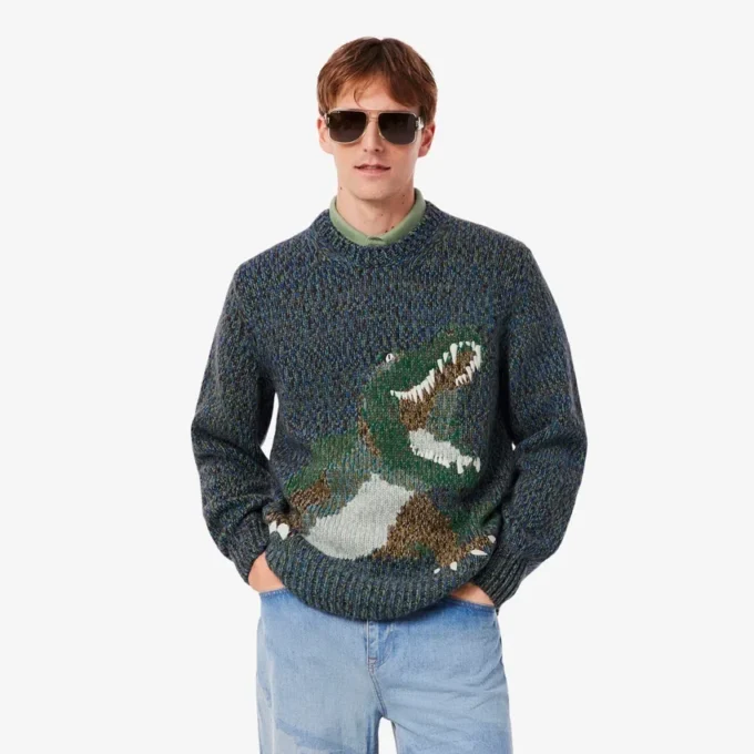 Intarsia-strikket krokodille-genser for menn