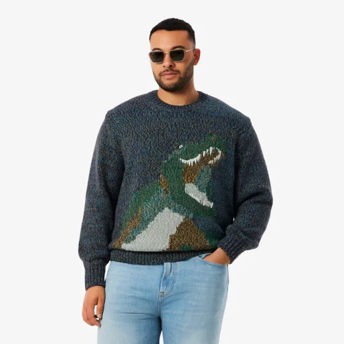 Intarsia-strikket krokodille-genser for menn