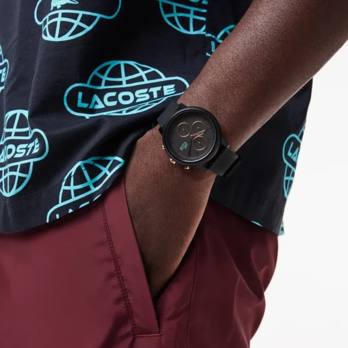 Lacoste.12.12 Chrono-klokke i svart og karneolgull med silikonrem