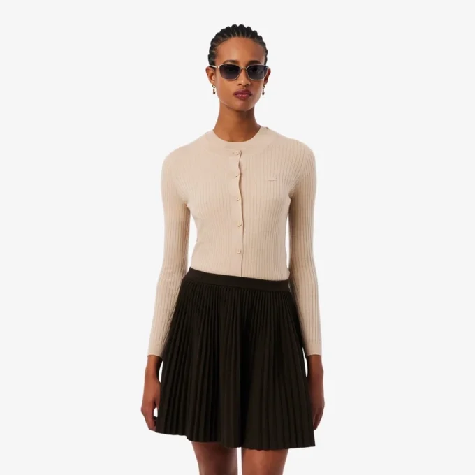 Ribbestrikket cardigan i merinoull for kvinner