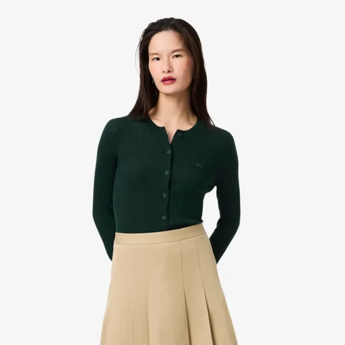 Ribbestrikket cardigan i merinoull for kvinner