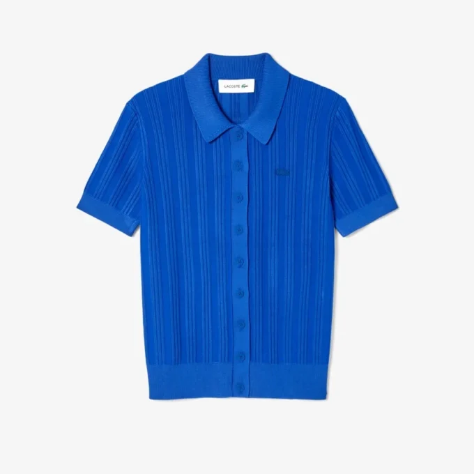 Ribbestrikket damegenser med polokrage