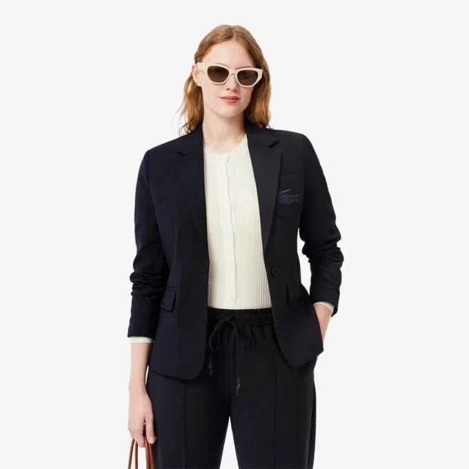 Slim fit-blazer i ull med brodert logo for kvinner