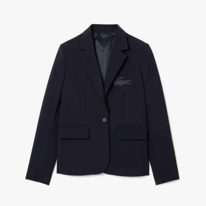 Slim fit-blazer i ull med brodert logo for kvinner