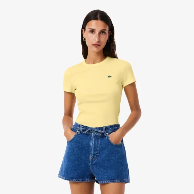 Slim fit ribbet bomulls-T-skjorte for kvinner