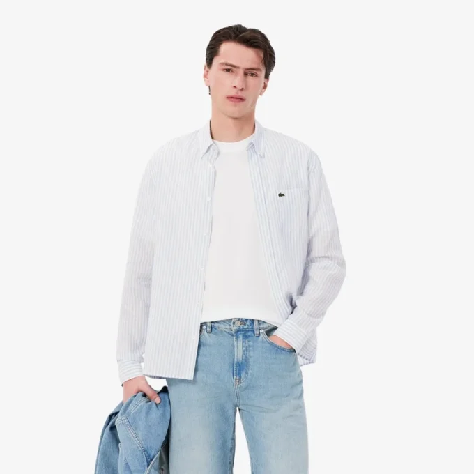 Stripet lin-skjorte i regular fit for menn